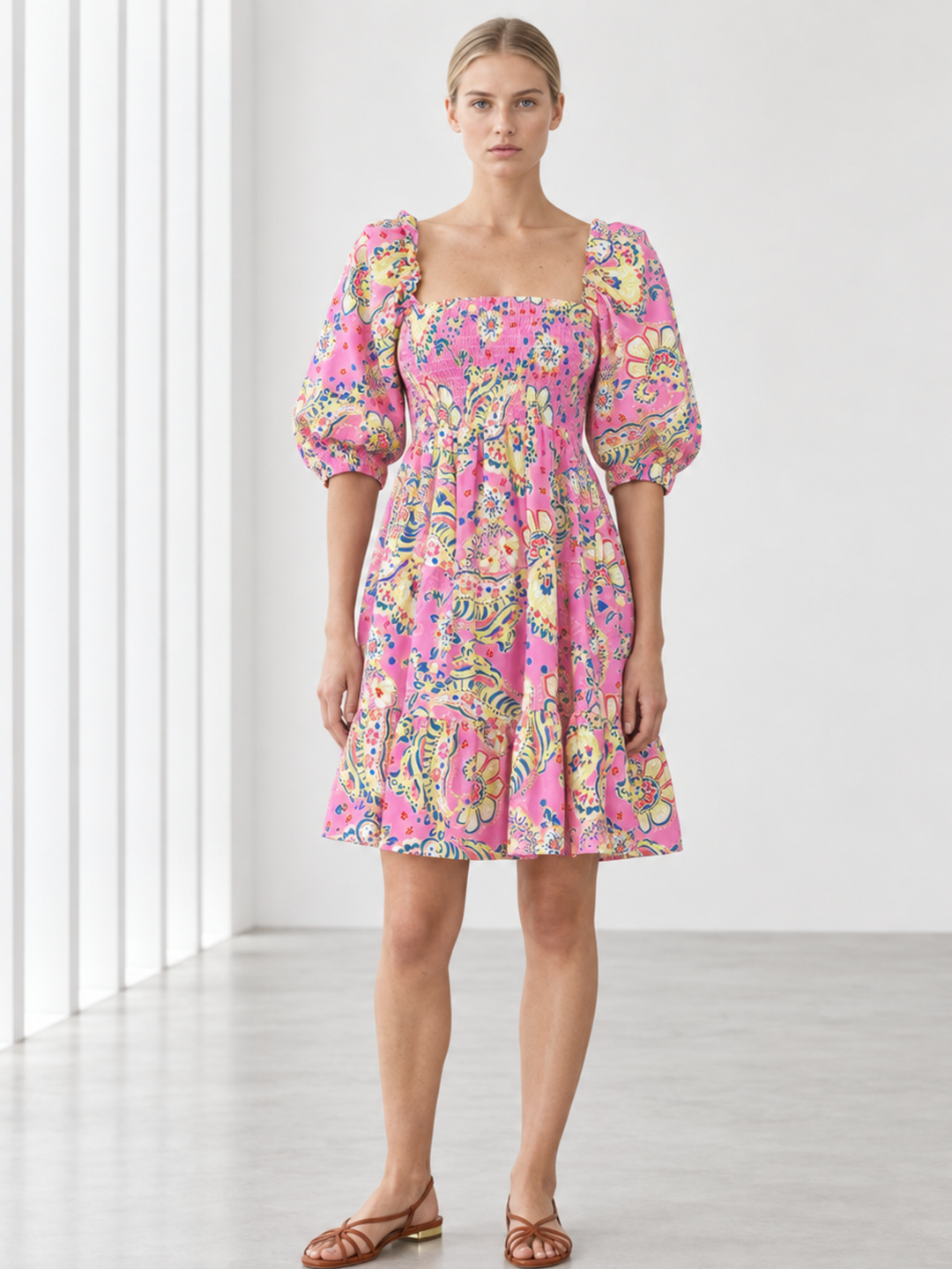 Zina Puffed-Sleeve Smocked Cotton Dress
