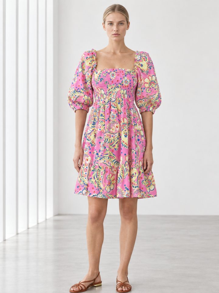 Zina Puffed-Sleeve Smocked Cotton Dress