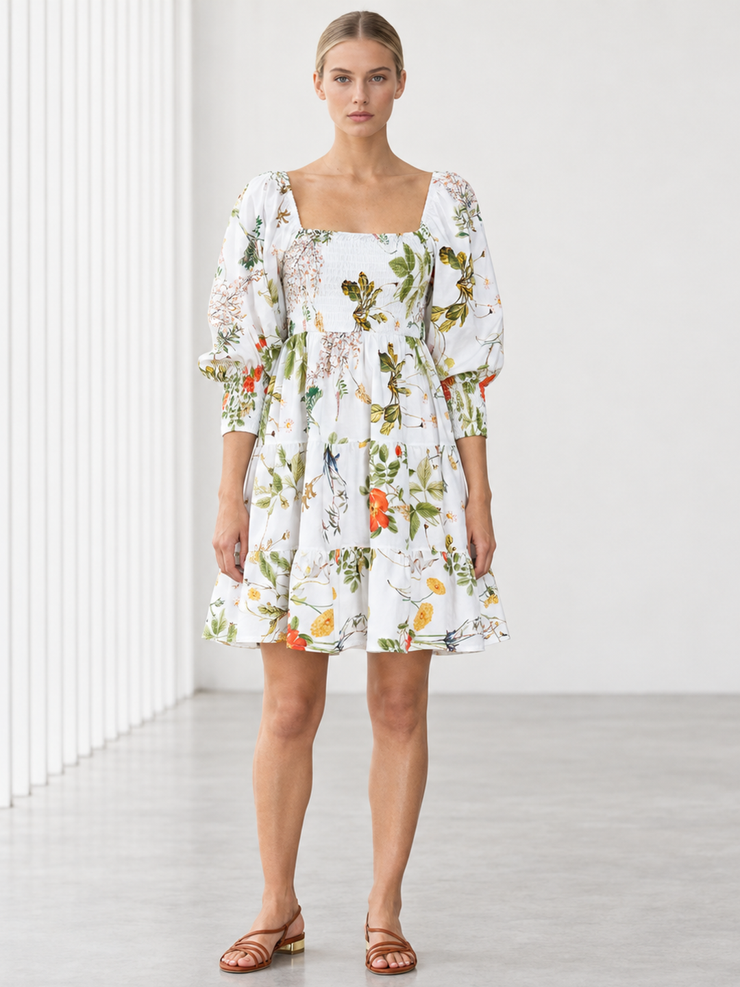 Zina Puffed-Sleeve Smocked Cotton Dress