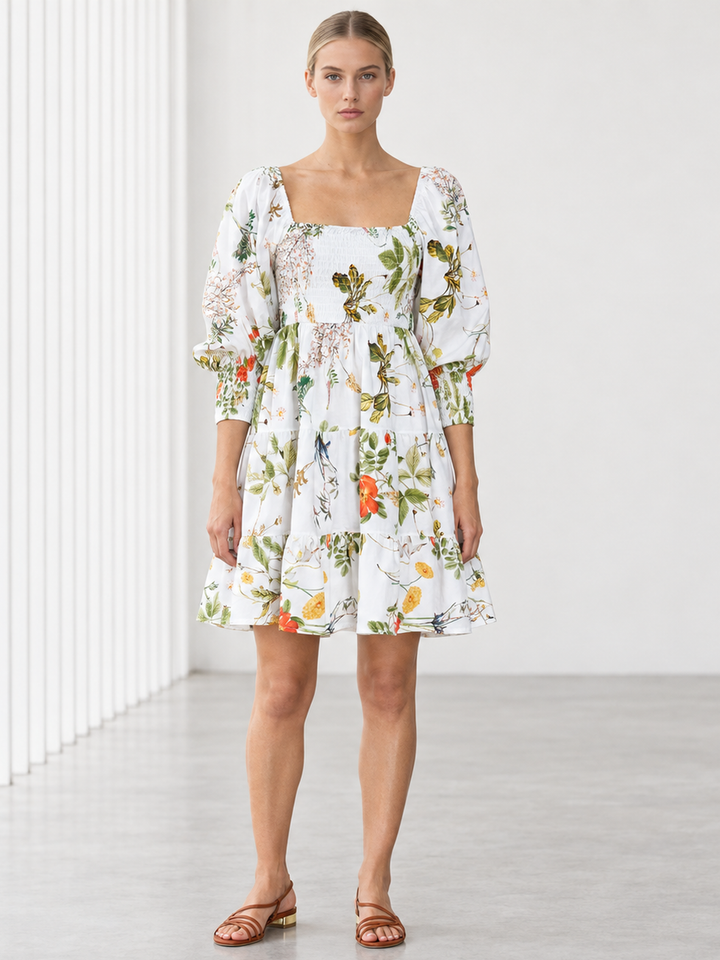 Zina Puffed-Sleeve Smocked Cotton Dress
