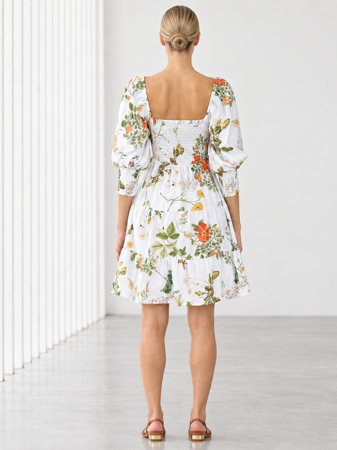 Zina Puffed-Sleeve Smocked Cotton Dress