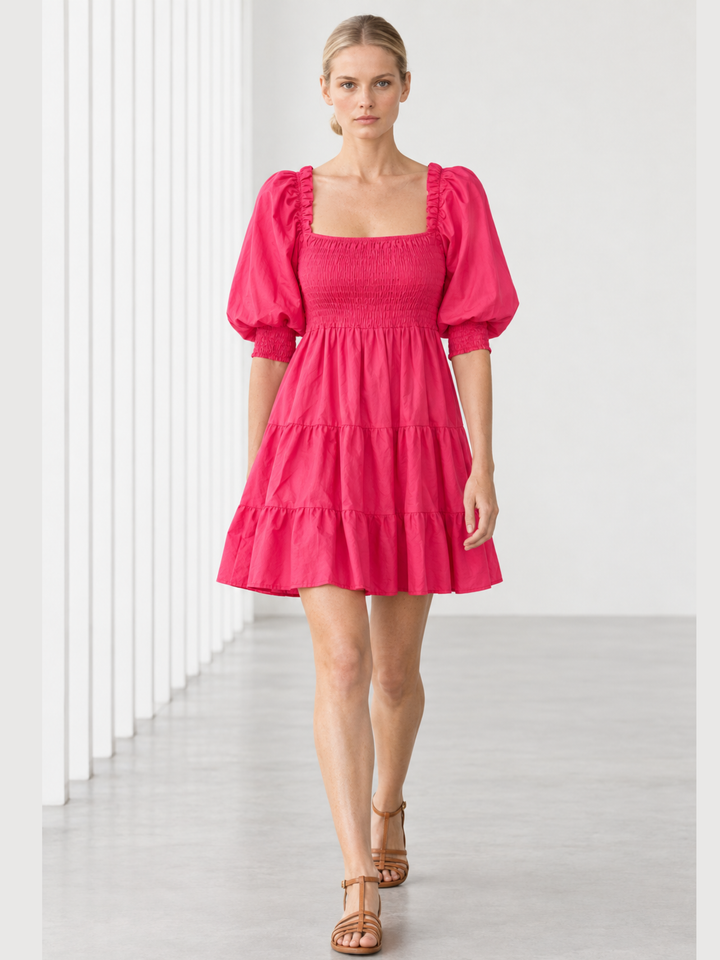 Zina Puffed-Sleeve Smocked Cotton Dress