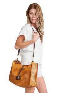 SASSY COGNAC EMBOSS CHAIN STRAP SHOULDER BAG