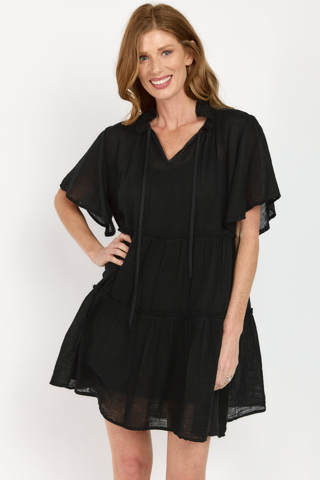 INGRID FLUTTERED SLEEVE TIERED MINI DRESS